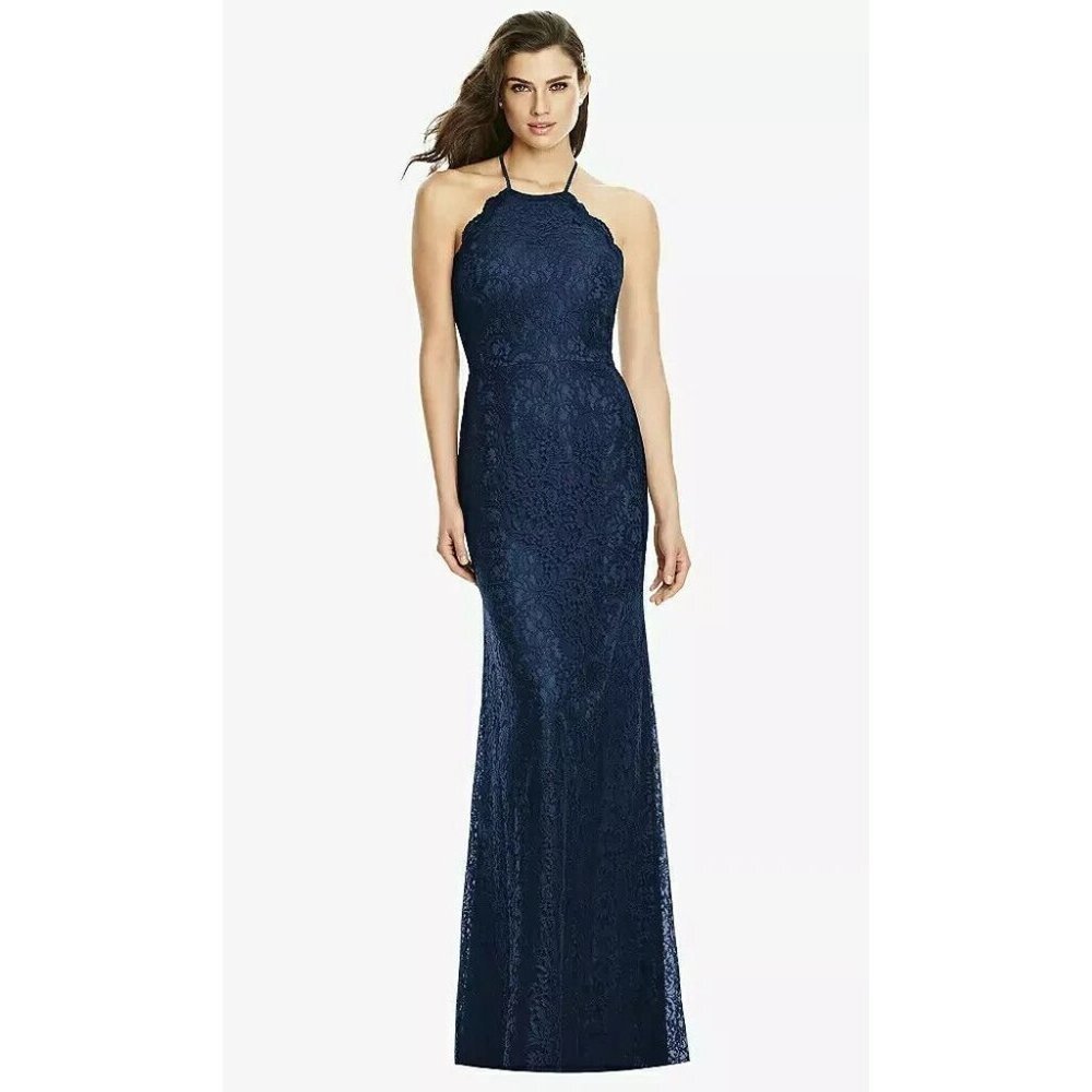 DESSY COLLECTION Halter Criss Cross Open-back Lace Trumpetโ Gown Navy Size 2